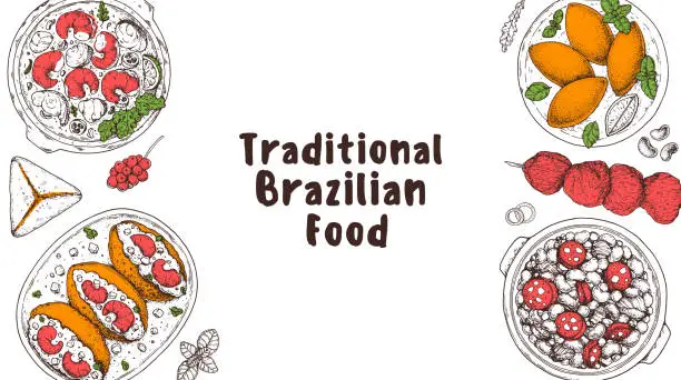 Vector illustration of Brazilian food top view vector illustration. Food menu design template. Hand drawn sketch. Brazilian food menu. Moqueca, Acaraje, Brazilian kibe, Churrasco, Feijoada, Esfiha