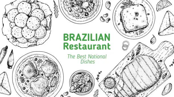 Vector illustration of Brazilian food top view vector illustration. Food menu design template. Hand drawn sketch. Brazilian food menu. Traditional Brazilian cuisine. Pao de quejo, Galinhada, Escondidinho, Baiao de dois