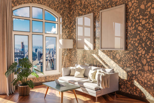 istock luxurious loft apartment with arched window and panoramic view over urban downtown; noble interior living room design mock up; 3D Illustration 1498733358