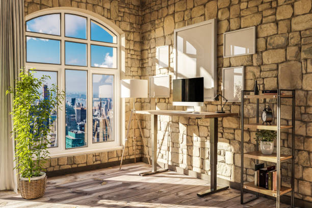 istock modern standing desk pc workplace in daylight downtown skyline office; home decoration desing and home office concept; 3D Illustration 1498733370