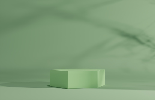 Product Podium - Green Hexagonal Podium, Shadowy Green Background. 3D Illustration