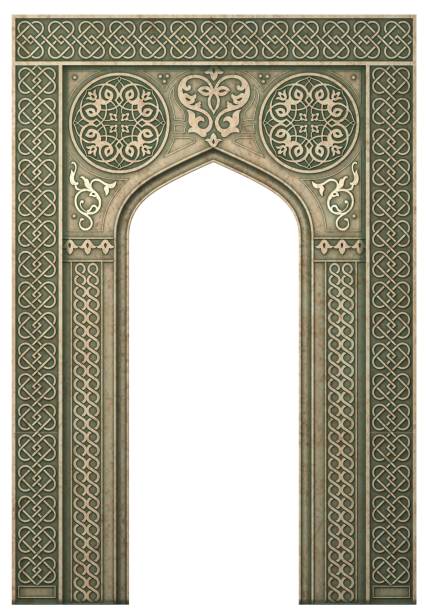 3d illustration. Eastern arch of the mosaic. Carved architecture and classic columns. Indian style. Decorative architectural frame .