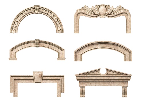 3d illustration. Set of different classic arched marble frames
