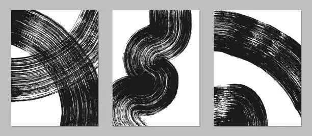 Vector illustration of Set of abstract backgrounds. Black ink brush strokes, patterns, posters, cover.