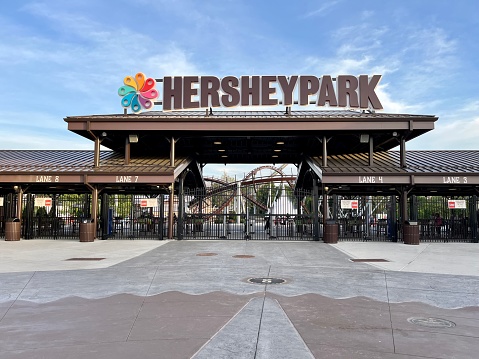 Hershey, PA, USA, 5.27.23 - The front entrance to Hersheypark amusement park.