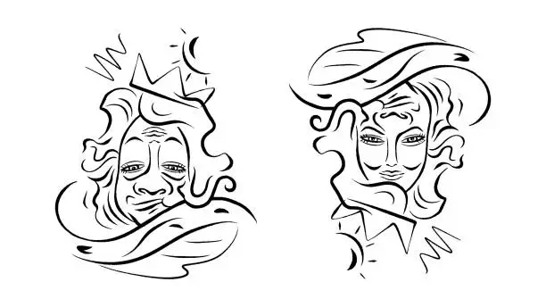 Vector illustration of This minimalist vector illustration on a white background has a unique property - it depicts a cartoon kings head when viewed one way, and a stylish woman s face with a feathered hat when flipped upside down. The design features both versions side by side