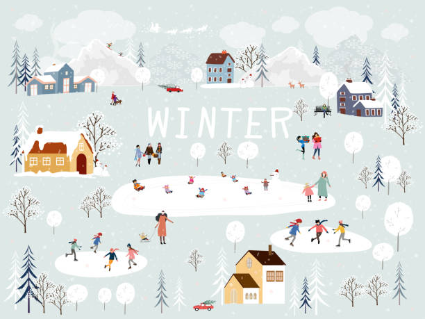 ilustrações de stock, clip art, desenhos animados e ícones de christmas background,winter landscape in christmas eves at night in city,vector cute cartoon winter wonderland in the town,people celebration in the park on new year,banner design for holiday season - skiing ski sport snow