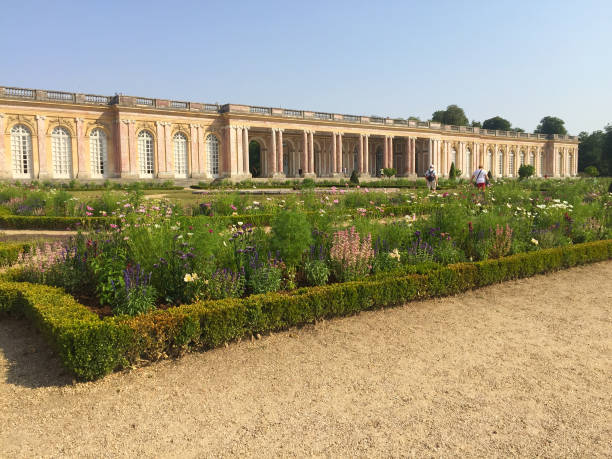 Horizontal landscape photo of a formal garden bed surrounded by pathways and distant people relaxing and walking, a pond and trees in the background on the horizon at the famous park in the old centre of Paris, the Jardin des Tuileries.
