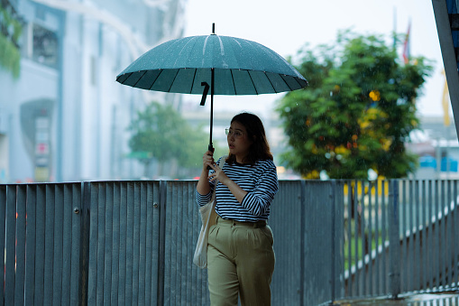 Asian woman standing with umbrella in Rain