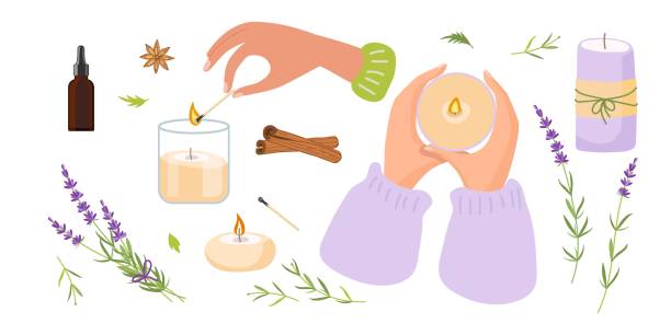 Scented candles with lavender plant. Different candle options. Wax Burning, extinct candles. Cozy home accessory, hygge decoration. Aromatherapy candle relaxation. Lavender essential oil Scented candles with lavender plant. Different candle options. Wax Burning, extinct candles. Cozy home accessory, hygge decoration. Aromatherapy candle relaxation. Lavender essential oil. home fragrance stock illustrations