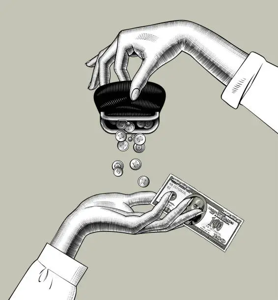 Vector illustration of Female hand hand pours money from the retro purse to other hand