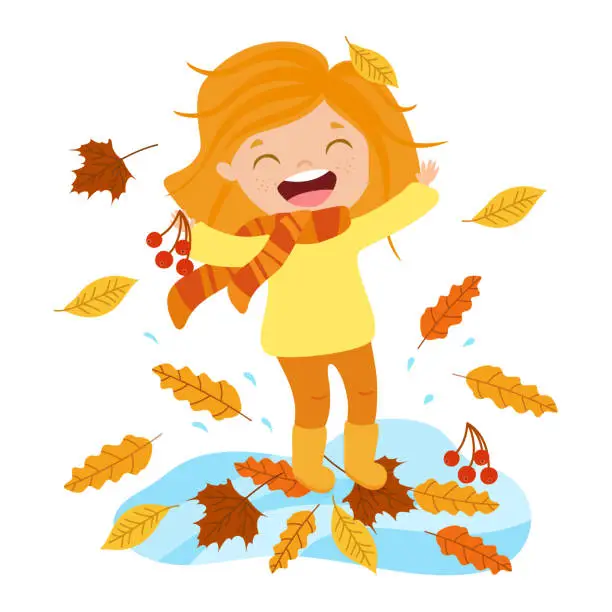 Vector illustration of Cute girl in autumn clothes jumps in a puddle and rejoices in leaf fall.