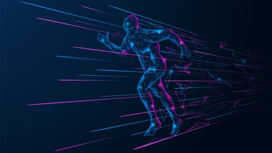 Running person leaves behind a trail of fragments and particles. Low-poly design of interconnected lines and dots.