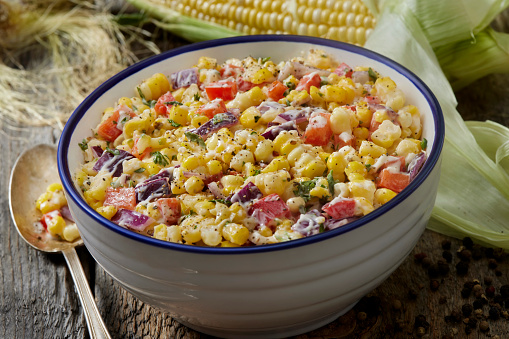 Creamy Corn Salad with Red Peppers, Spanish Onions and Parsley