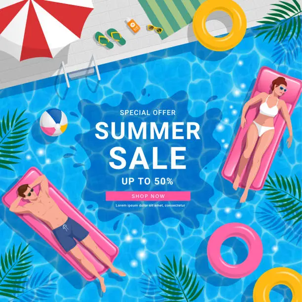 Vector illustration of Summer swimming pool with girlfriend and boyfriend in swimming pool with text Summer Sale