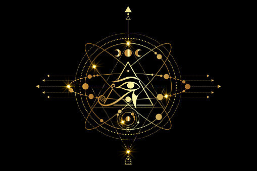 Eye Of Horus Logo design. Gold ancient symbol of Egyptian pyramid, third Eye, cosmic symbols, orbits of planets, lunar system. Vector isolated on black background. Print, poster, T-shirt