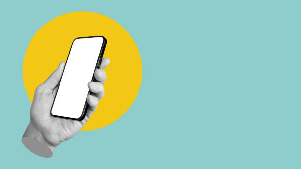 istock Hand holding smart phone mockup, screen mock-up. Banner background with copy space for text 1498766536