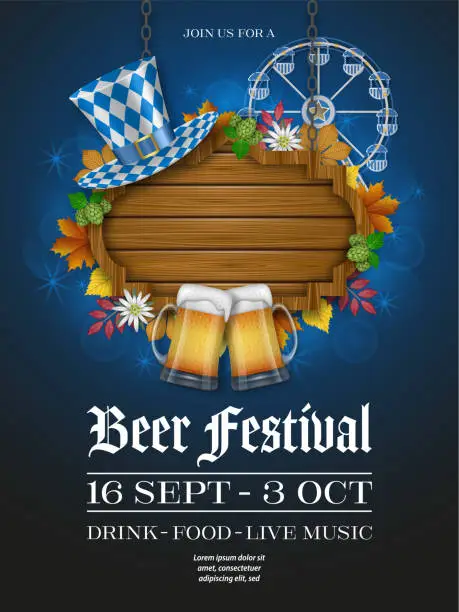 Vector illustration of German beer festival poster with wooden signboard, ferris wheel and beer mugs. Beer festival flyer