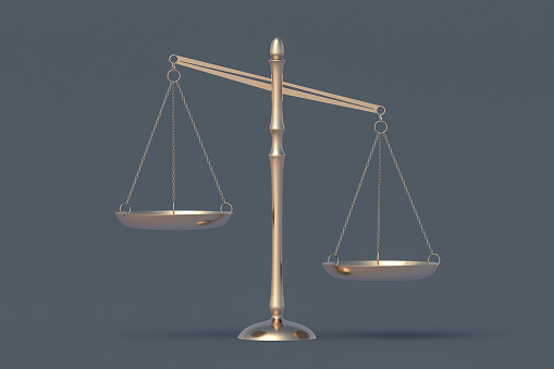 Punishment and responsibility. Golden scales of justice. Legal law concept. Constitutional rights. 3d render