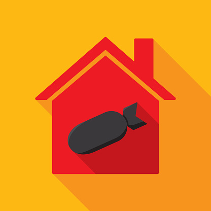 Vector illustration of a house with missile icon against a yellow background in flat style.