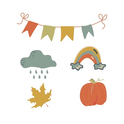 Autumn elements. Leaf, pumpkin flags rainbow autumn Vector