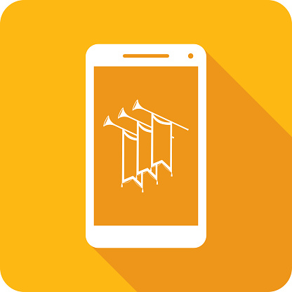 Vector illustration of a smartphone and three trumpets with banners against a yellow background in flat style.