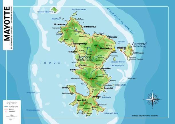 Mayotte island detailed vector map Detailed vector map of Mayotte island in the Indian Ocean with population, relief, main roads and highest point. A beautiful travel destination. It's a French overseas territory. mayotte stock illustrations