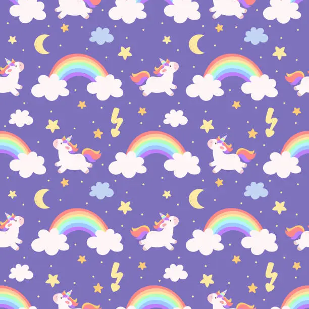 Vector illustration of cute seamless pattern with rainbow, clouds, unicorn and stars on pastel purple background