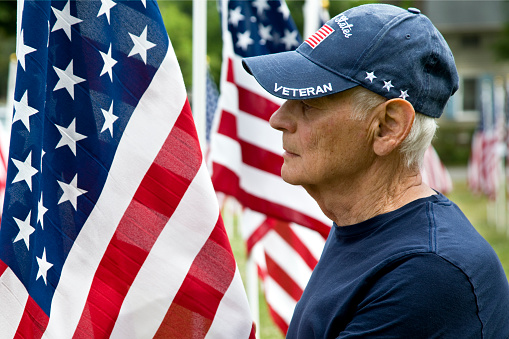 United States Veteran standing with American Flag display in a town park.