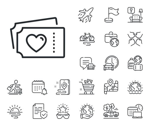 Love tickets line icon. Valentines day sign. Plane jet, travel map and baggage claim. Vector Valentines day sign. Plane jet, travel map and baggage claim outline icons. Love tickets line icon. Couple relationships symbol. Love tickets line sign. Car rental, taxi transport icon. Vector airport sunrise stock illustrations