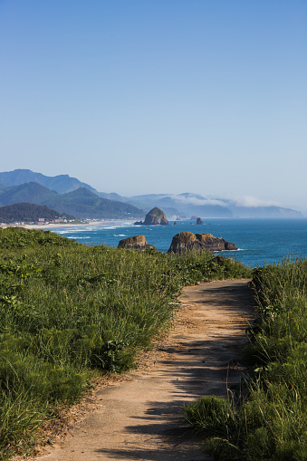 The northern Pacific Ocean and Cannon Beach in Oregon, Pacific Northwest. Photographed from Ecola State park view point