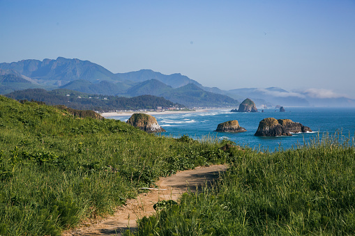 The northern Pacific Ocean and Cannon Beach in Oregon, Pacific Northwest. Photographed from Ecola State park view point