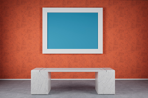 Contemporary abstract 3d illustration of sparse room with blank painting on wall with bench.