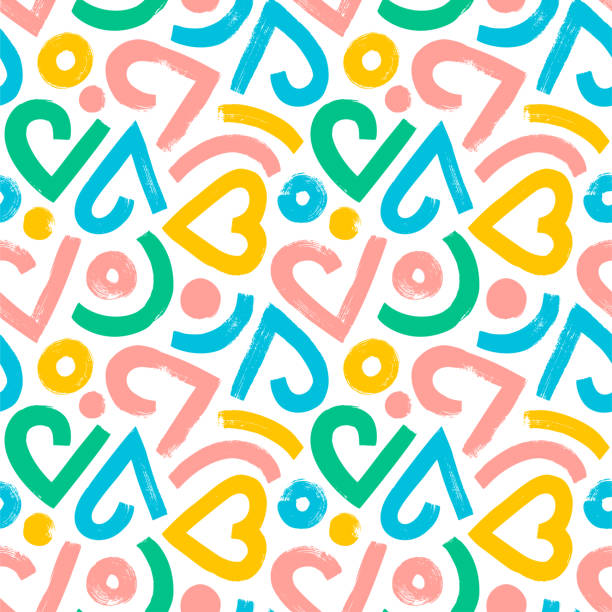 wielobarwne geometryczne serca z okręgami bez szwu. - multi colored heart shape backgrounds repetition stock illustrations