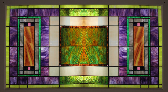 Anoka, MN. April 30, 2023; stained glass windows inside the sanctuary of Zion Lutheran Church.