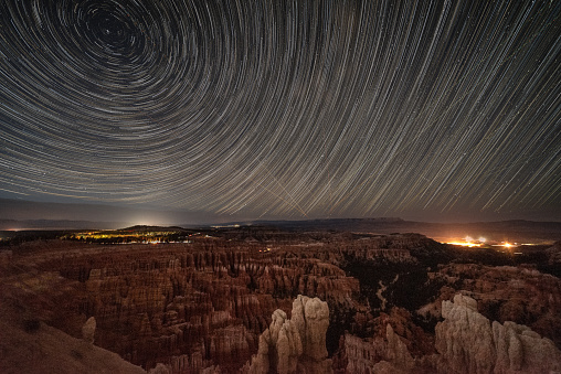 Star trails, night time in incredible Bryce Canyon in Utah, United States of America. Travelling through the USA in the summer, national parks.