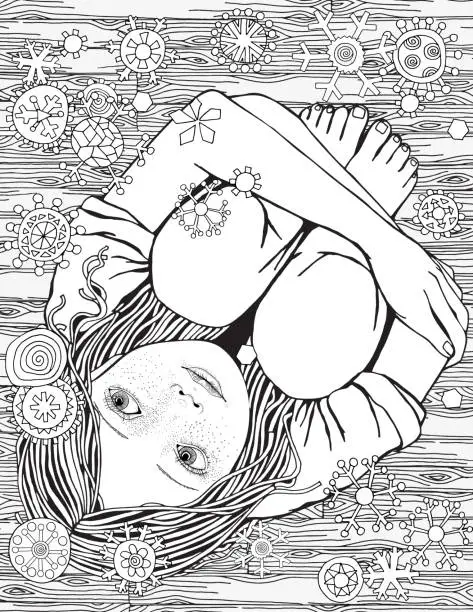 Vector illustration of Cute girl is sitting on the wooden floor and butterfly.  Black and white Anxiety Relief Coloring Book for Adults  and children. For book 8.5 x 11 inches