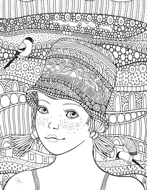 Vector illustration of Cute girl in a knitted hat and little bird. Anxiety Relief Coloring Book for Adults and children. Doodle. Sun, clouds, the Moon in a striped hat. For book 8.5 x 11 inches