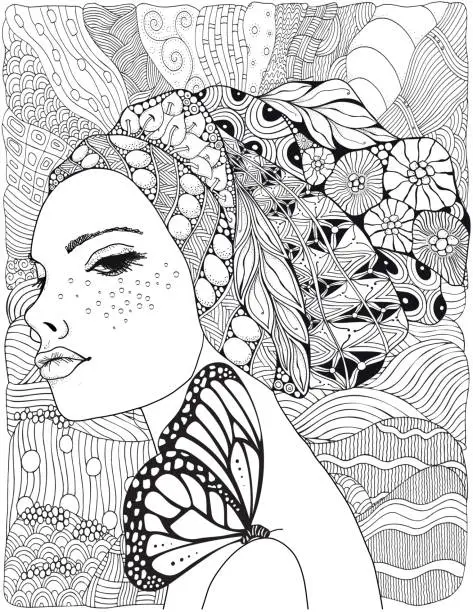 Vector illustration of Young beautiful woman and butterfly. Beach, facing out to sea. Anxiety Relief Coloring Book for Adults and children. Doodle. Sun, clouds, the Moon in a striped hat. For book 8.5 x 11 inches