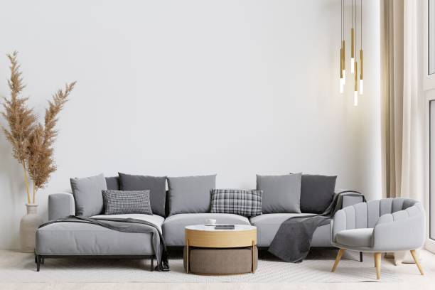 istock Contemporary living room with a grey sofa, armchair, and coffee table. 3d rendering. 1498793518