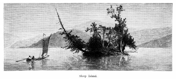 Lake Champlain, Sloop Island, Vermont, United States, American Geography Sloop Island in Lake Champlain, Vermont, USA. Pencil and pen,  engraving published 1874. This edition edited by William Cullen Bryant is in my private collection. Copyright is in public domain. adirondack mountains stock illustrations