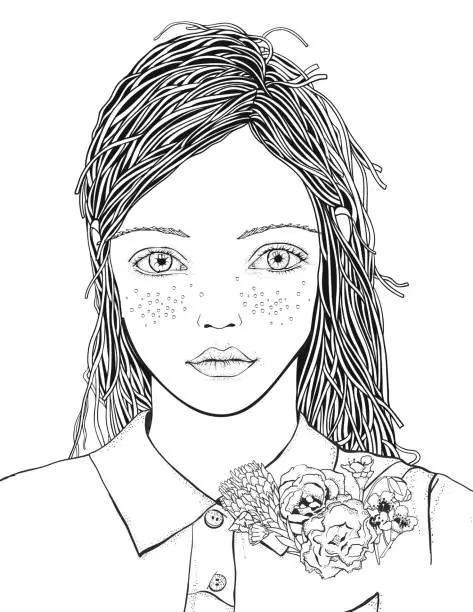 Vector illustration of Young beautiful girl. Black and white doodle Anxiety Relief coloring book page for adult and children.  For book 8.5 x 11 inches