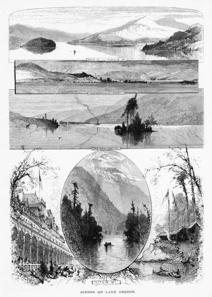 Lake George  Montage, New York State, United States, American Geography Five scenes of of Lake George in the Adirondack Mountains, New York State, USA. Pencil and pen, engraving published 1874. This edition edited by William Cullen Bryant is in my private collection. Copyright is in public domain. adirondack mountains stock illustrations