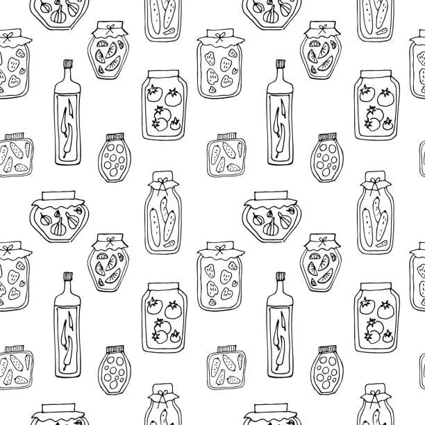 Vector illustration of Homemade pickles seamless pattern vector illustration hand drawn repeated background. Seasonal cooking food concept, design element for background, template, print, banner, web, fabric.
