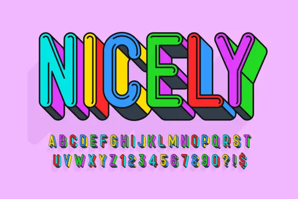 Vector illustration of Condensed colorful alphabet design, retro style, trendy characters set.