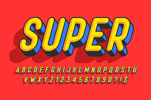 Trendy 3d comical design, colorful alphabet, typeface. Color swatches control. 15 degree skew