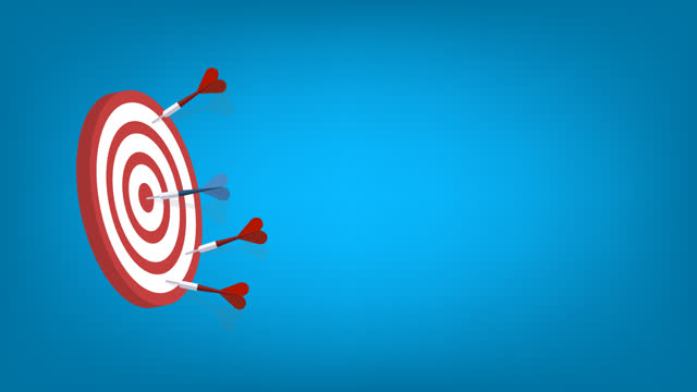 Red darts missed hitting target and only blue one hits the center. Business challenge failure and success concept.