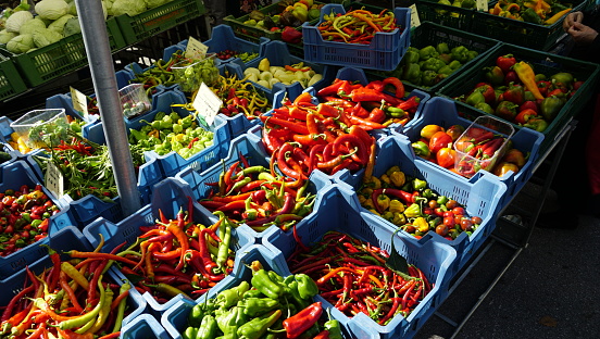 Red and green peppers in Salzburg farmers market.