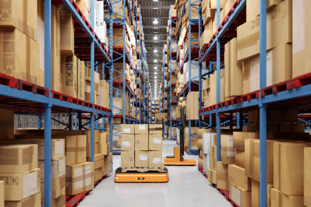 istock Automated Robot Carriers And Robotic Arm In Smart Distribution Warehouse 1498803604