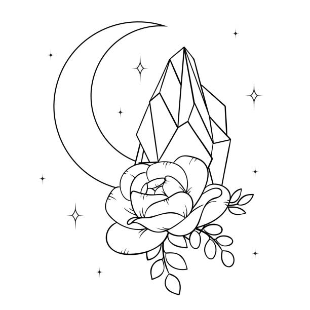 Vector line art mystical celestial magic witchcraft elements. Esoteric crescent moon,  crystals, peone roses, stars, leaves, line art. Vector line art mystical celestial magic witchcraft elements. Esoteric crescent moon,  crystals, peone roses, stars, leaves, line art. peone stock illustrations